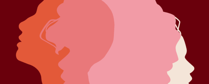 Breast Cancer Awareness Month poster art with silhouettes of women in shades of pink