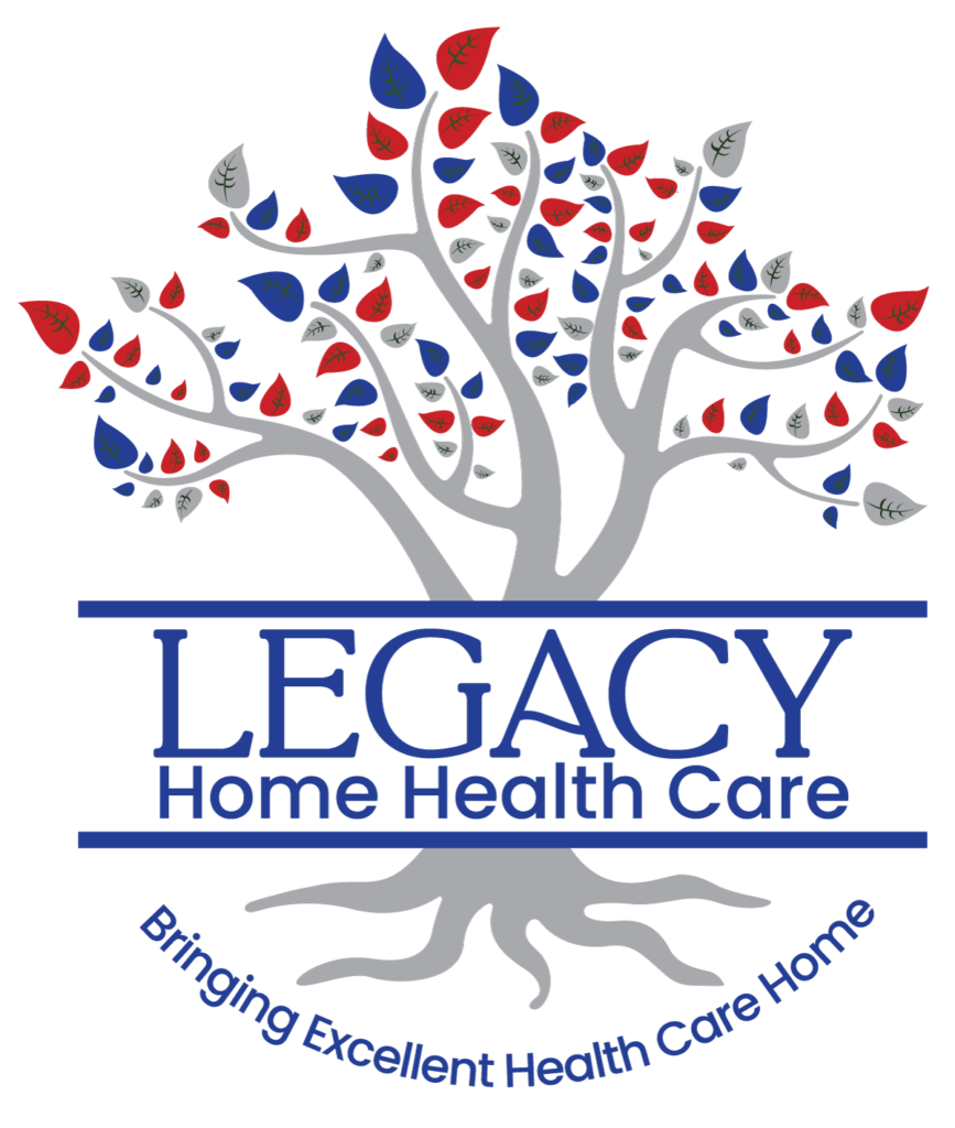 Legacy Logo Legacy Home Health Care Logo with gray tree and red and blue leaves