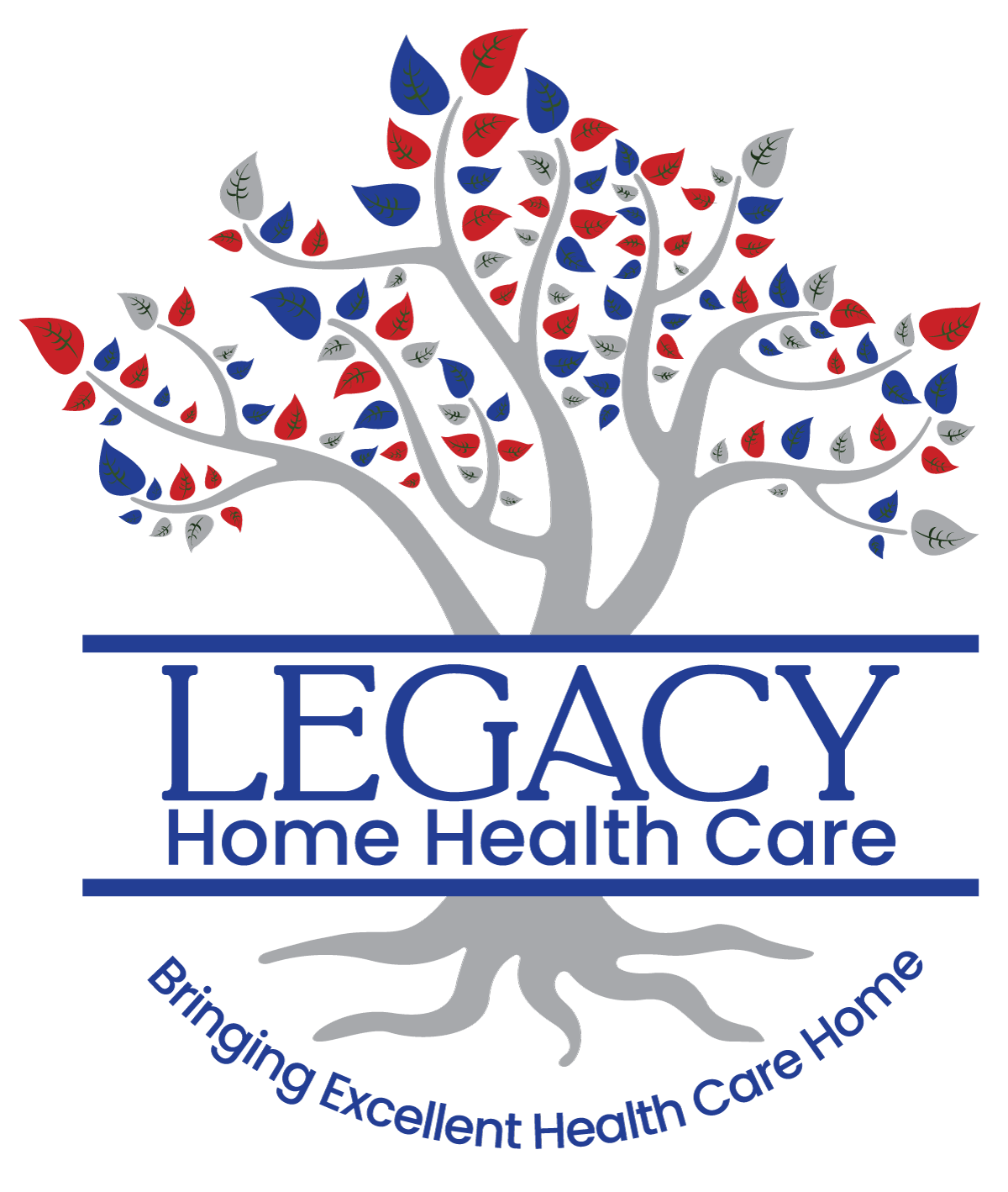 Legacy Home Health Care Logo with gray tree and red and blue leaves