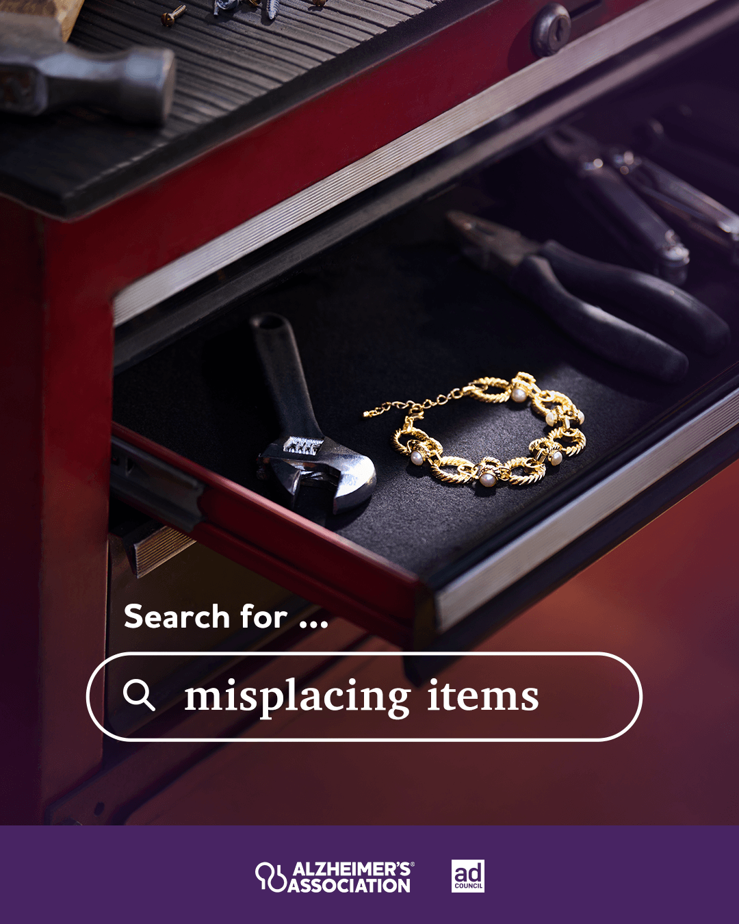 Alzheimers Awareness Campaign showing jewlery in a tool box